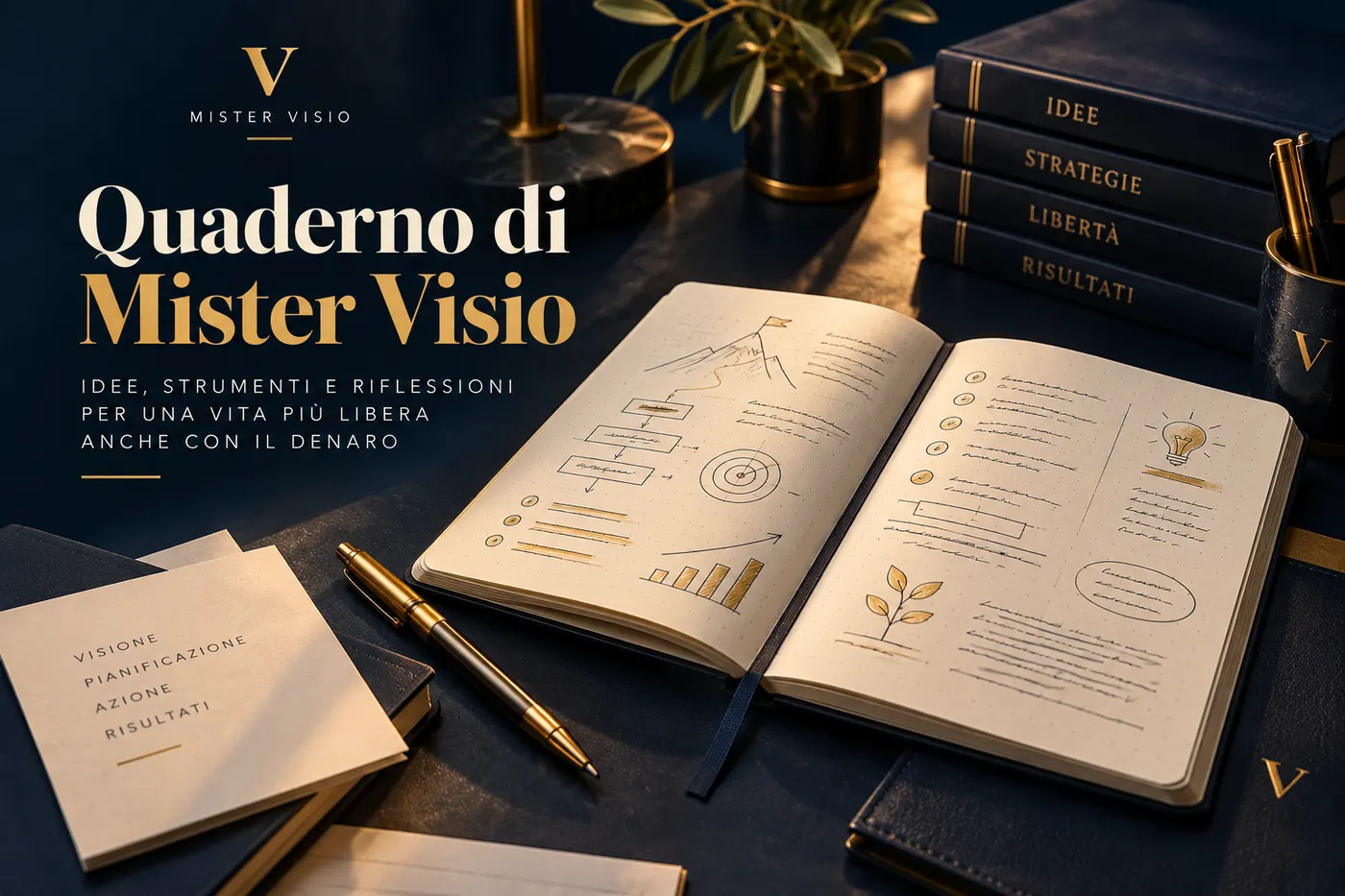 Il Quaderno di Mister Visio: un taccuino aperto con schemi, una penna stilografica e una pila di libri